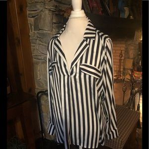 Black and white striped button down blouse.
